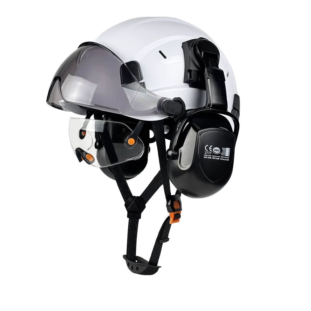Construction safety helmet with twin visors and earmuffs – image 10