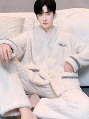 Men's Thickened Flannel Sleepwear Set | Coral Fleece Long Sleeve V-Neck Button Warm Loungewear