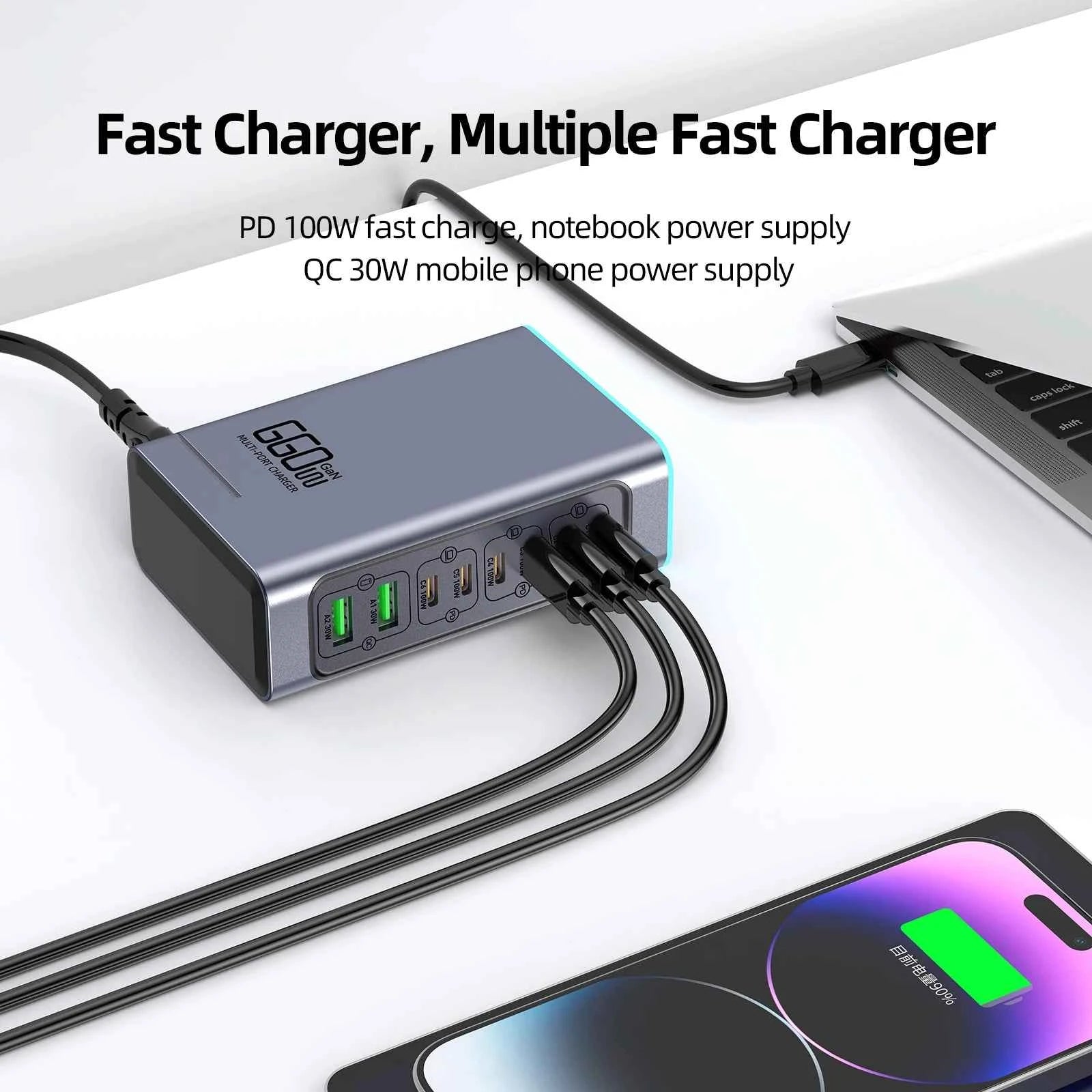 660W GaN 8-Port USB-C Desktop Fast Charging Station | USB-C PD QC3.0 for iPhone Samsung MacBook