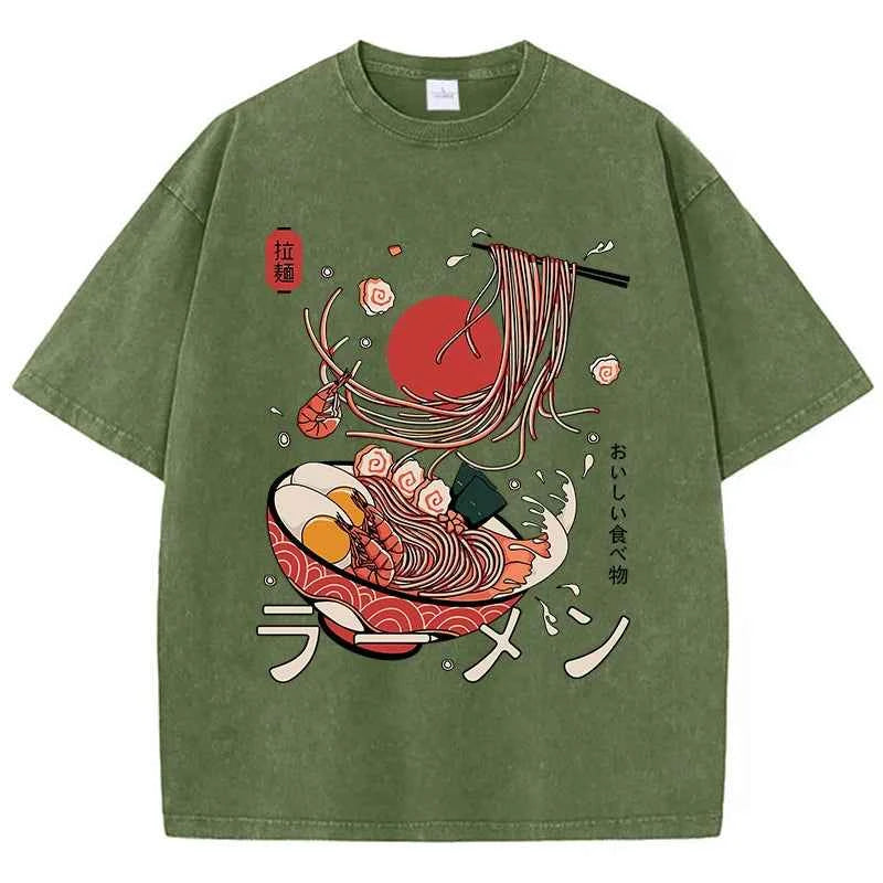 Women's Ramen Noodles Harajuku Washed T-Shirt | Cotton Oversized O-Neck All-Match Casual Top