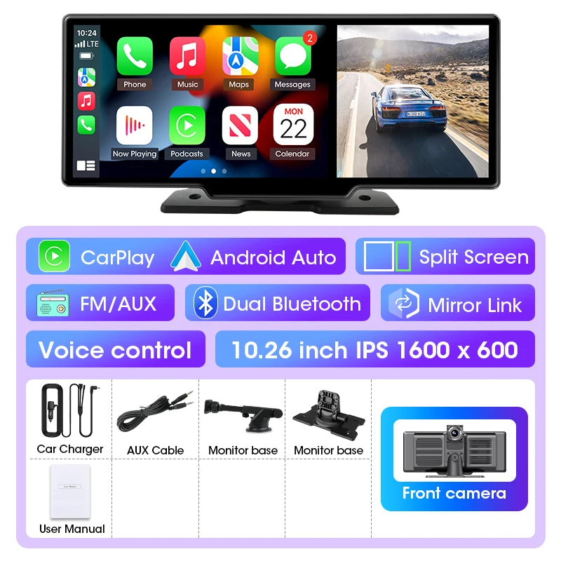 10/11.26 inch Dash Cam 4K Car DVR Wireless Carplay & Android Auto GPS Navigation Video Recorder Dashboard Dual Lens Wifi FM AUX by SnaggIt