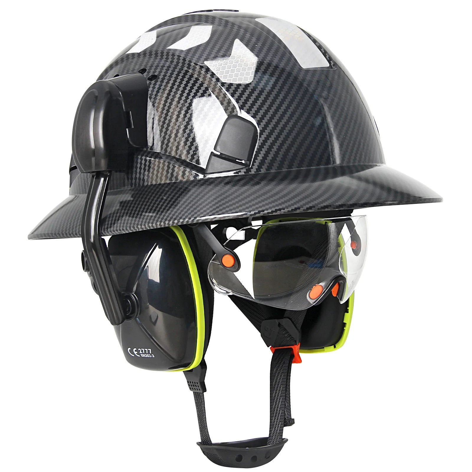 Full brim construction safety helmet with goggles, earmuffs and reflective stickers – image 7