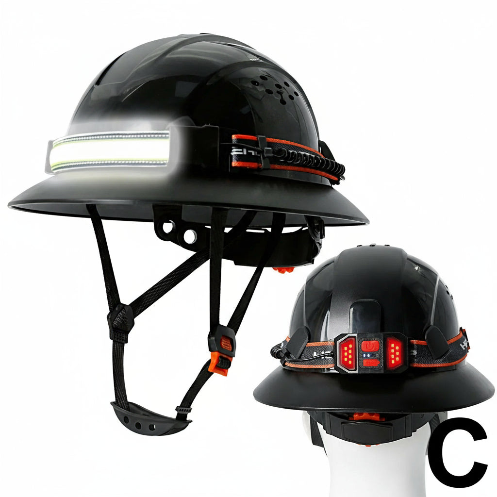Full Brim Safety Helmet with LED Headlamp & Taillight by Snagg A Safety Helmet