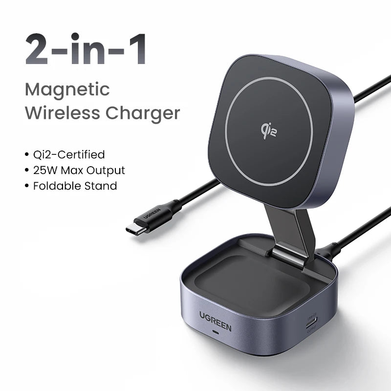 Qi2 15W 2-in-1 Magnetic Wireless Charging Stand | MagSafe Fast Charger for iPhone 16 17 AirPods