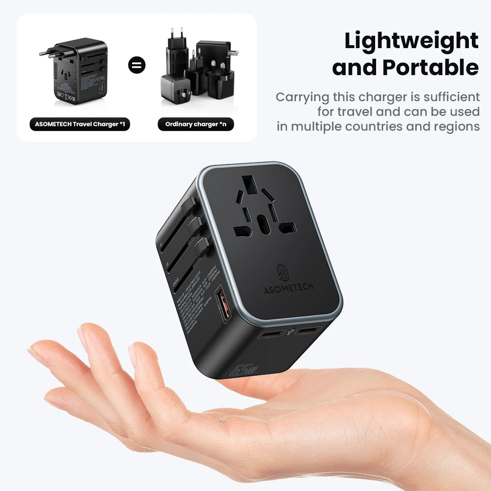 65W GaN Universal Travel Adapter | PD All-in-One Worldwide Wall Charger for USA EU AUS UK Plug