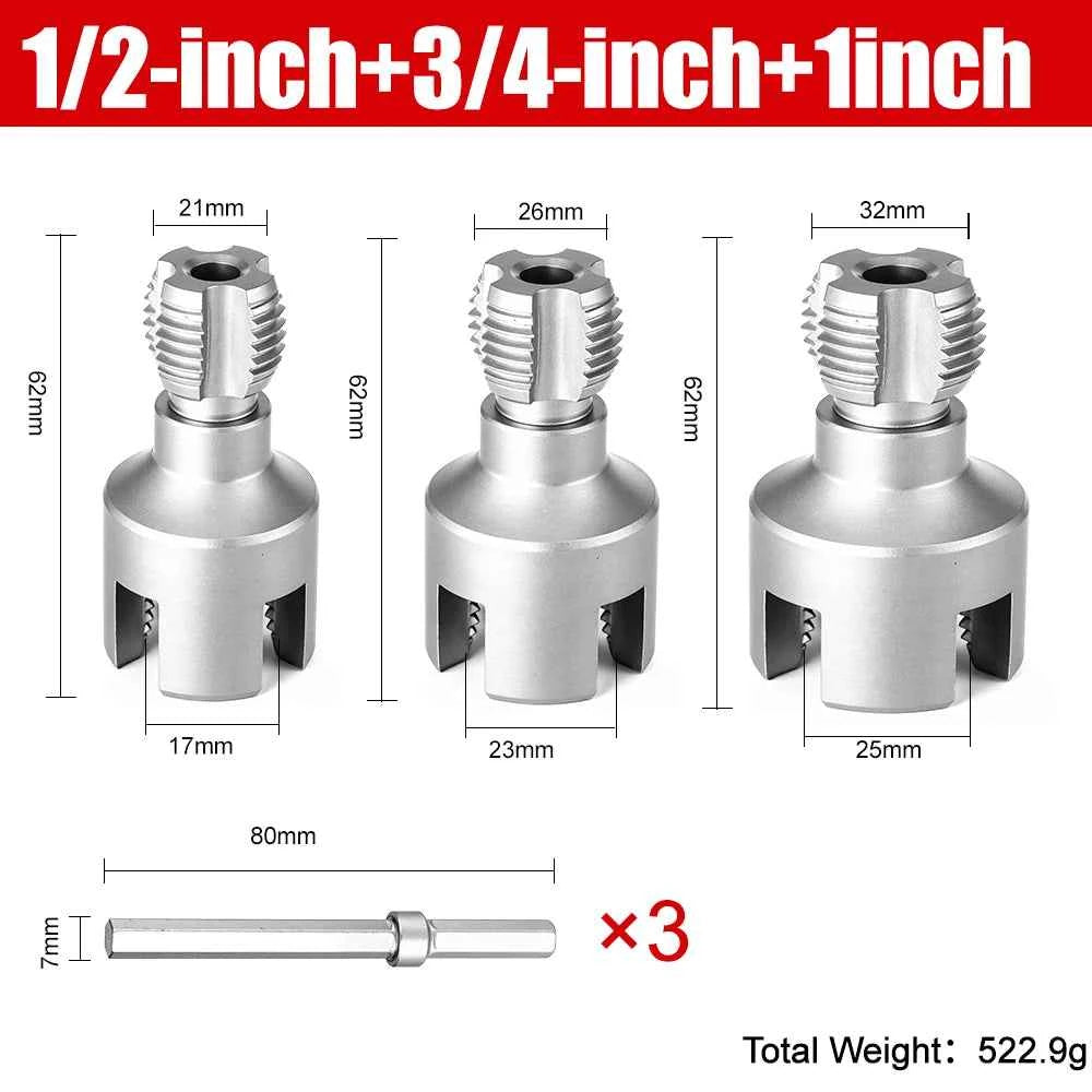 Professional Hex Shank Pipe Threading Tool | Internal & External Die Set for 1/2", 3/4" & 1" Pipes