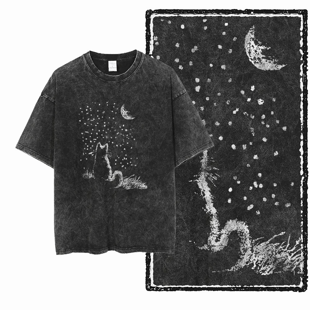 Acid Washed Cat Graphic Unisex T-Shirt | Cotton Streetwear Big Size Vintage Tee