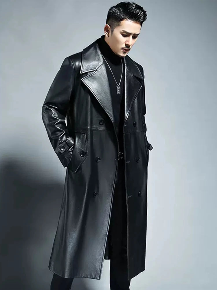Long Waterproof Black PU Leather Trench Coat by Snagg A Coat