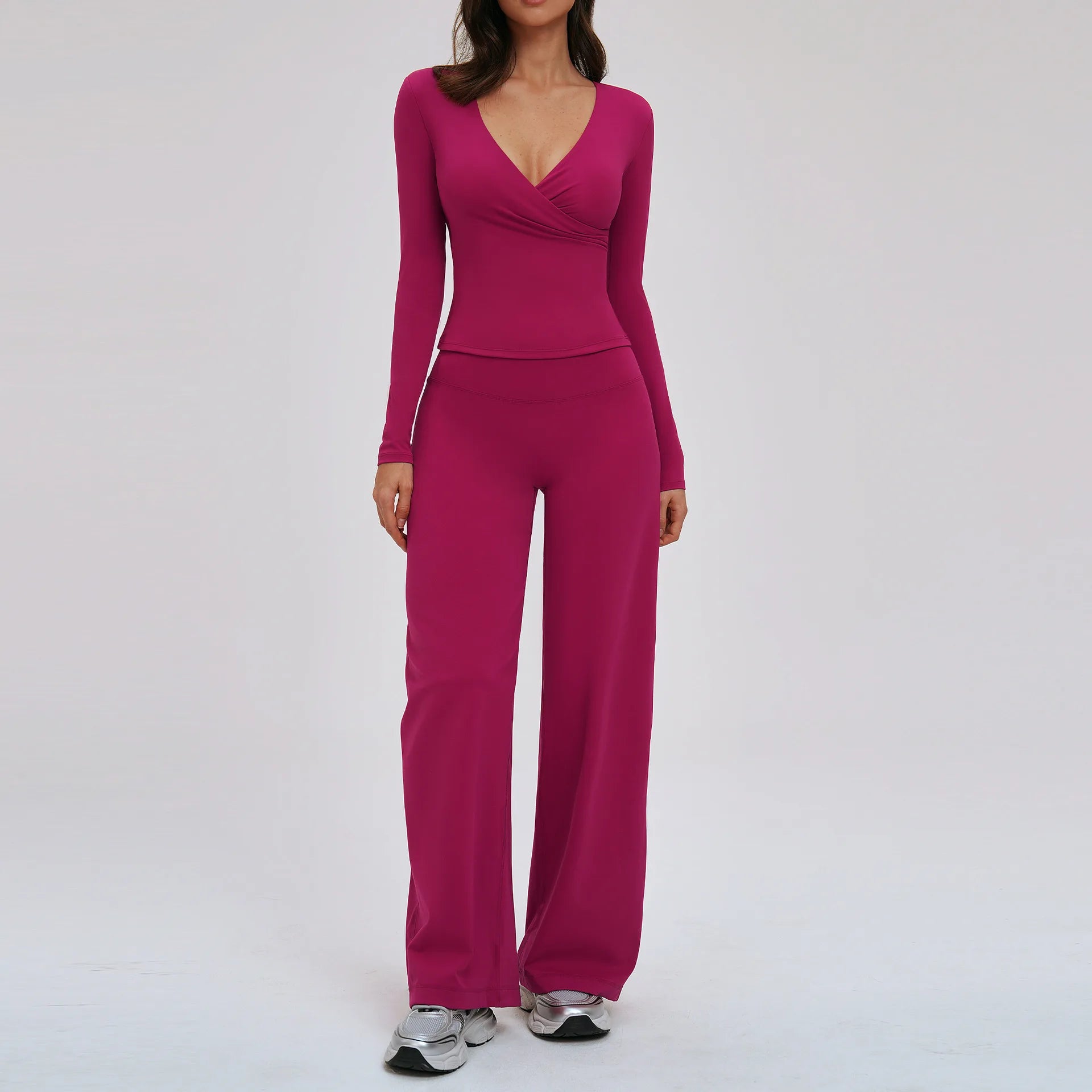 Women's 2-Piece Deep V Yoga Set | High Waist Flared Pants & Sports Bra Gym Fitness Tracksuit