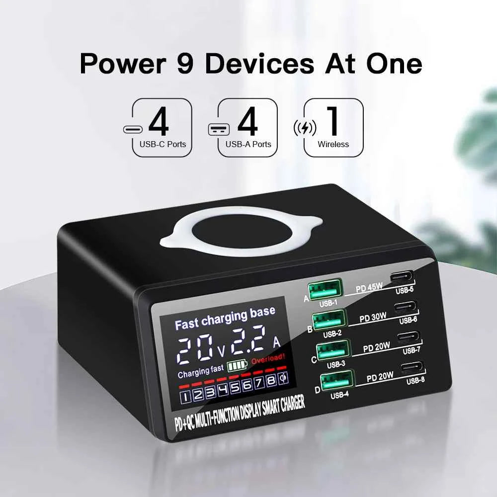110W 8-Port USB Charging Station | 15W Wireless + PD 45W QC3.0 USB-C Fast Charger iPhone MacBook Samsung