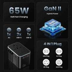 65W GaN Universal Travel Adapter | PD All-in-One Worldwide Wall Charger for USA EU AUS UK Plug