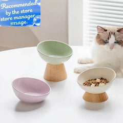 Cat Tilted Ceramic Bowl with Wooden Stand - SnaggIt