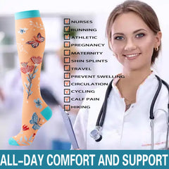 6 Pack Compression Socks — Floral & Butterfly Design, Knee-High Support for Sports & Nurses