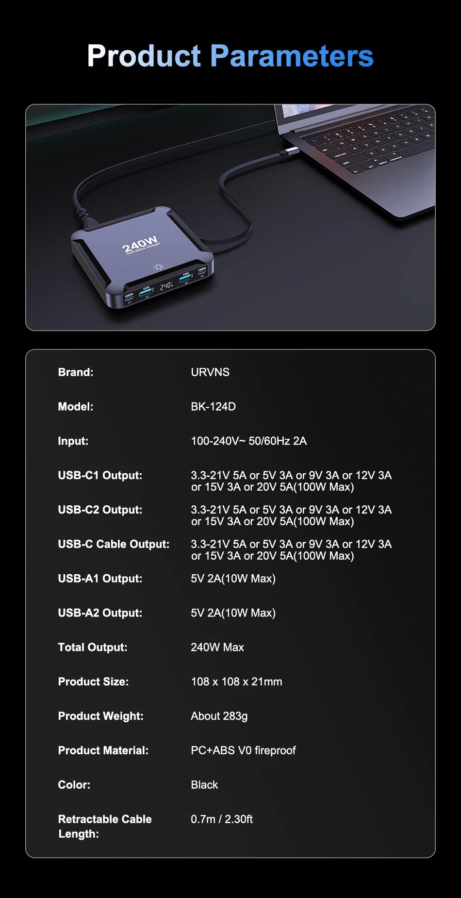 240W GaN Desktop Charger | Digital Display + 100W Retractable USB-C Cable Fast Charger Phone Laptop
