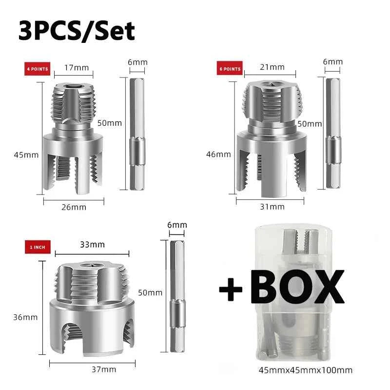 Integrated Internal & External Pipe Threader Kit | Heavy Duty 1/2", 3/4" & 1" Drill-Compatible Threading Tool