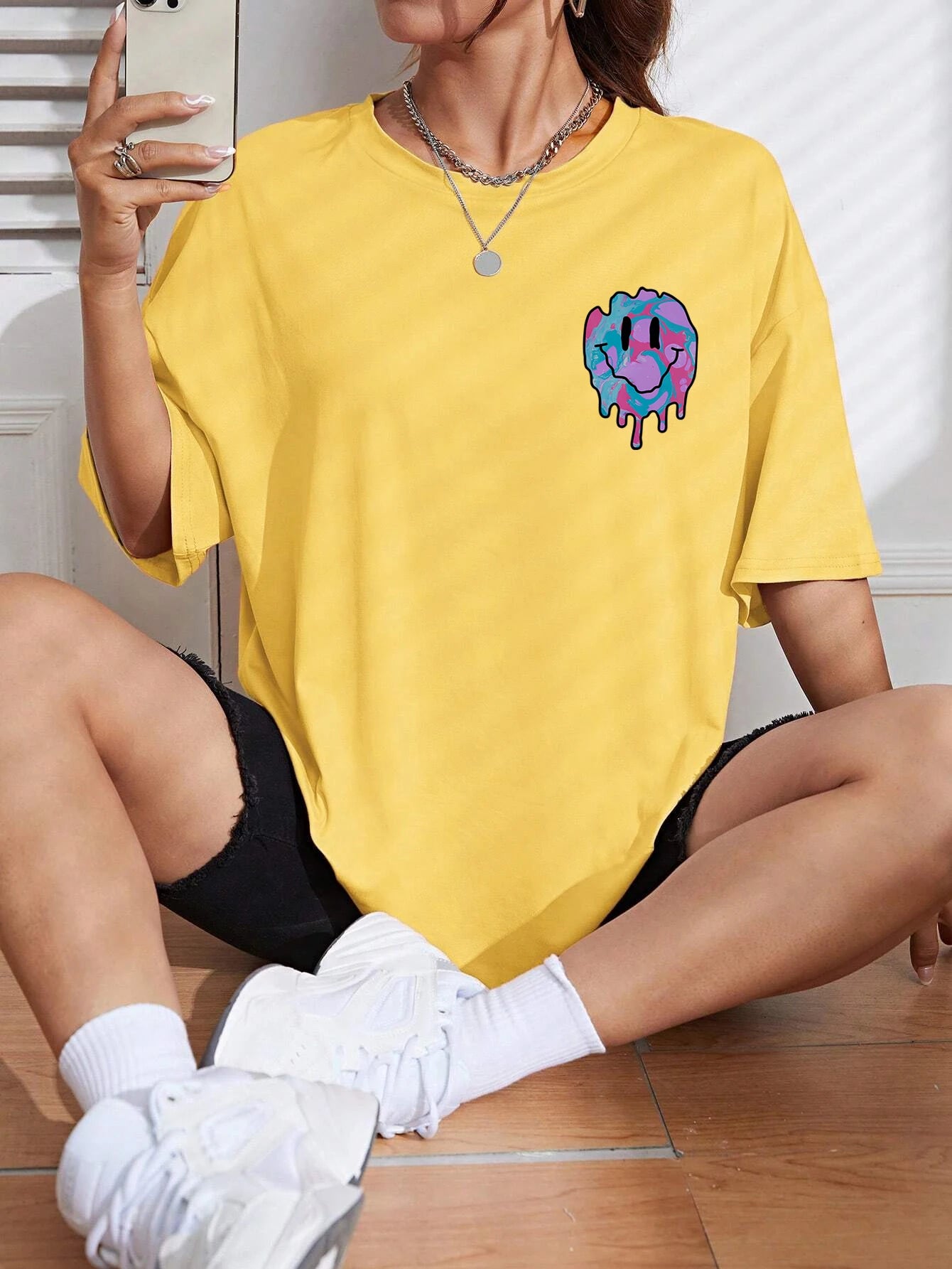 Women's Smile Face Print T-Shirt | Street Casual All-Match Soft Hip Hop Breathable Fashion Tee