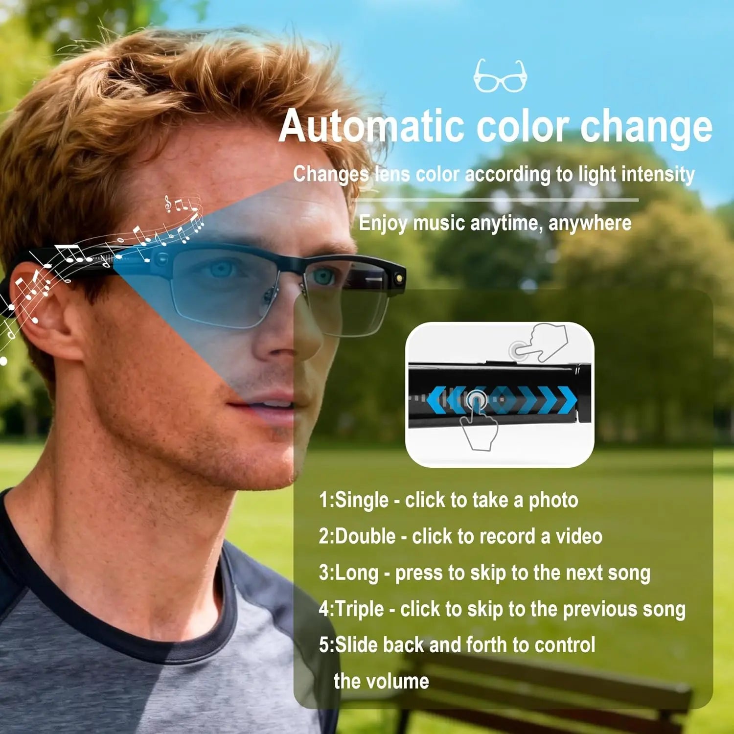 Man wearing smart glasses with automatic color change feature and music control options.