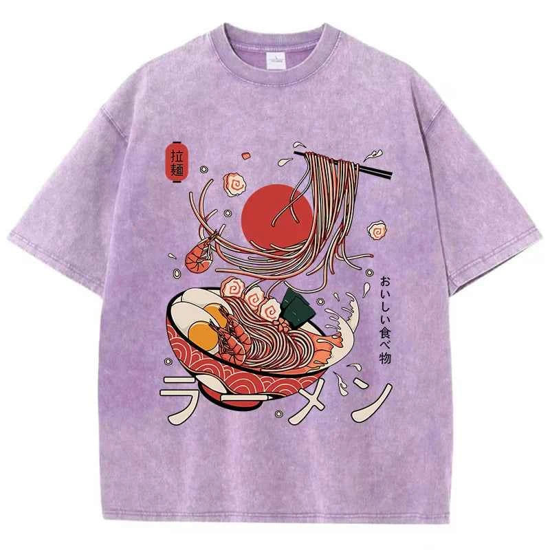 Women's Ramen Noodles Harajuku Washed T-Shirt | Cotton Oversized O-Neck All-Match Casual Top