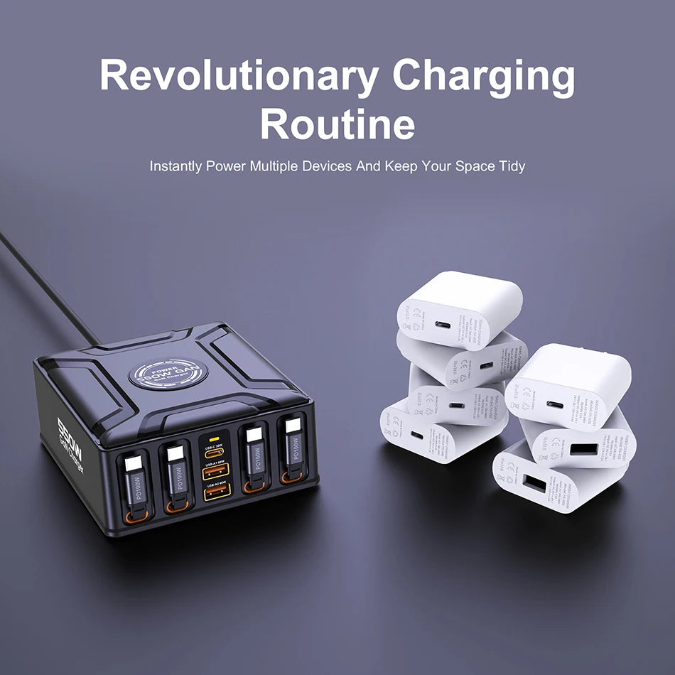550W 7-in-1 GaN Charging Station | 100W Retractable USB-C Cable Fast Charger Laptop Phone Tablet