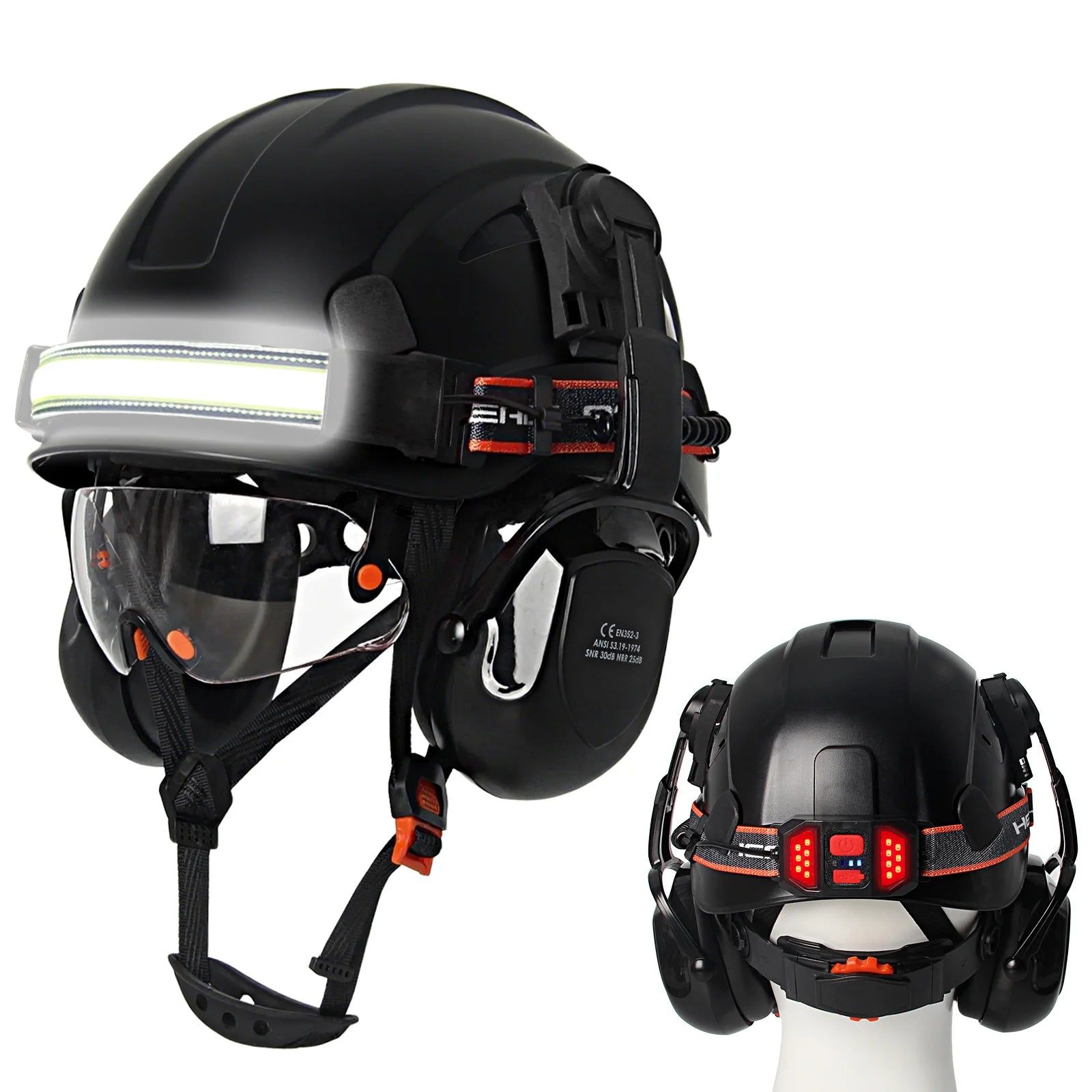 Construction safety helmet with built-in goggles, LED headlamp and earmuffs – image 16