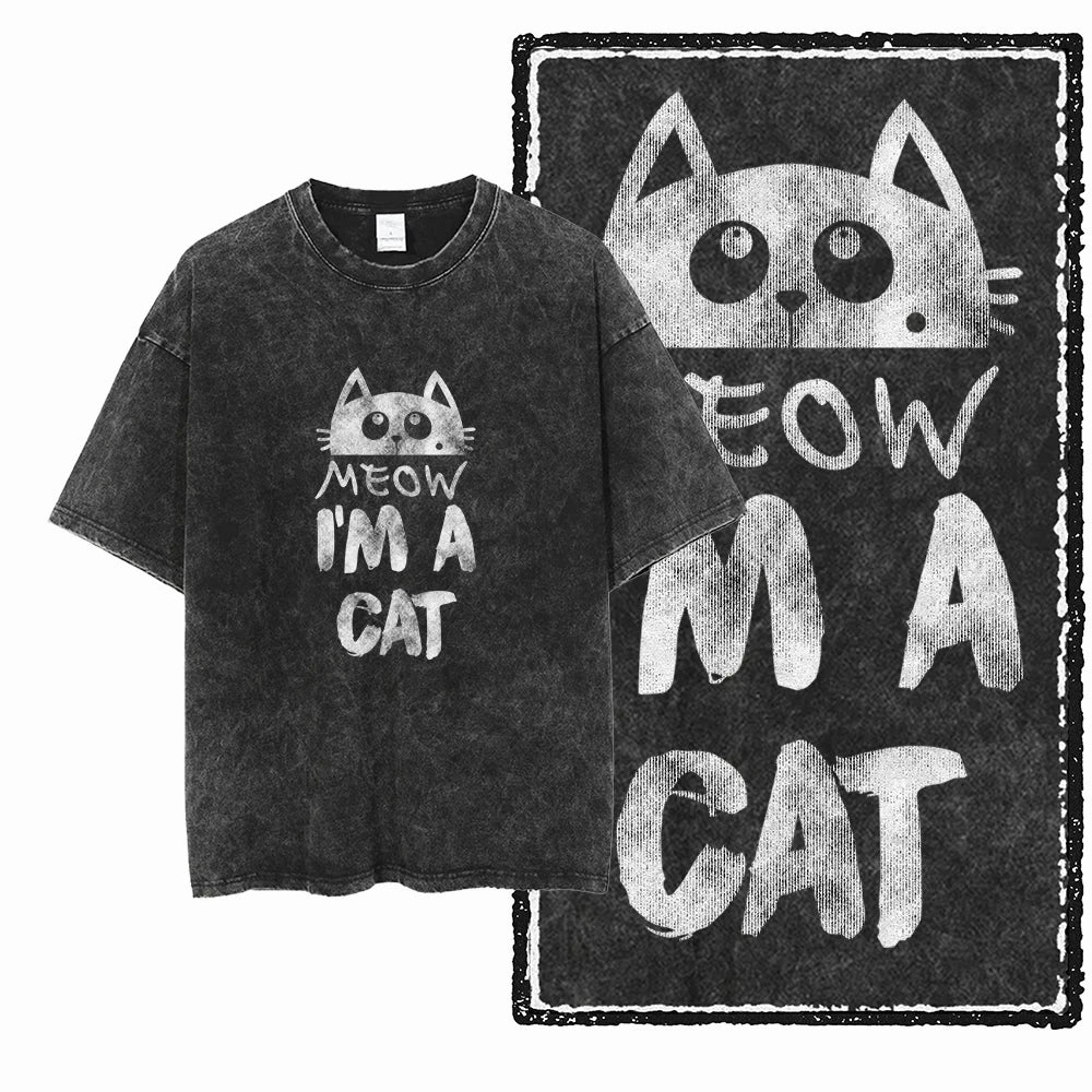 Acid Washed Cat Graphic Unisex T-Shirt | Cotton Streetwear Big Size Vintage Tee