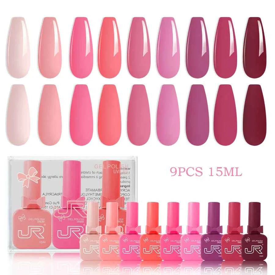 9pcs 15ml gel nail polish set Including Red Pink Nude - 10 Variants