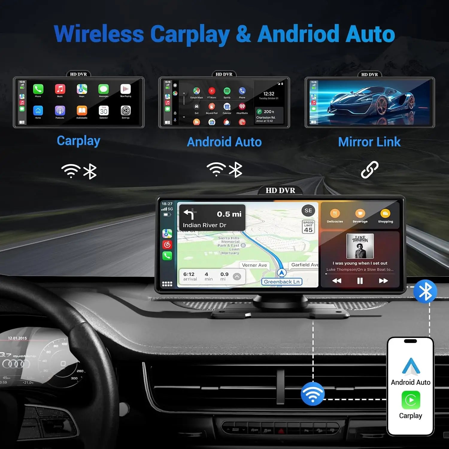 10"/11.26" 4K Dual Lens DVR with Wireless CarPlay by Snagg A Car DVR