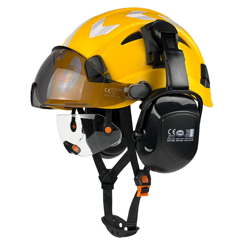 Vented construction safety helmet with twin visors, earmuffs and reflective stickers – image 9