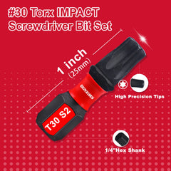 1" Impact Tough Magnetic T30 Torx Power Bits – S2 Alloy Steel, Star Screwdriver Bit Set