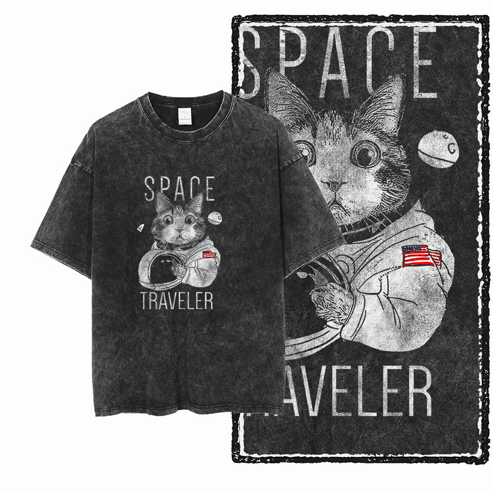 Acid Washed Cat Graphic Unisex T-Shirt | Cotton Streetwear Big Size Vintage Tee