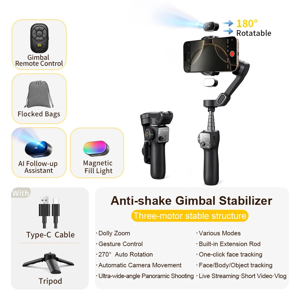 3-Axis Handheld Gimbal Phone Stabilizer with Extension Rod by Snagg A Phone Holder
