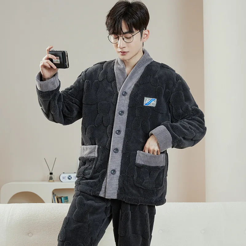Men's Coral Fleece Pajama Set | Thickened Flocking Long Sleeve Winter Warm Couple Loungewear