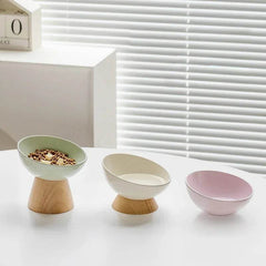 Cat Tilted Ceramic Bowl with Wooden Stand - SnaggIt
