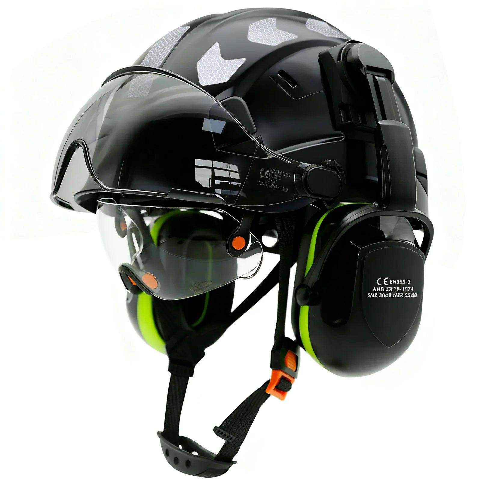 Vented construction safety helmet with double visors and earmuffs – image 17