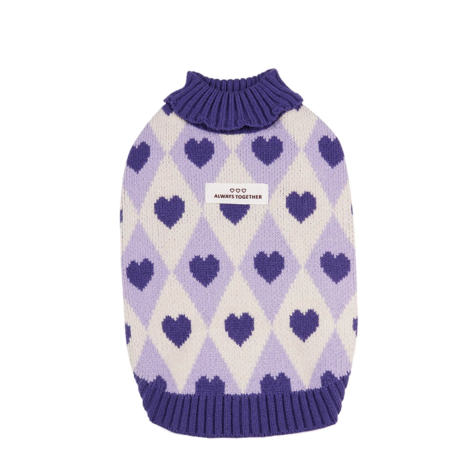 Knitted Turtleneck Dog Sweater – Diamond Heart Pattern Winter Jumper for Small Dogs & Puppies