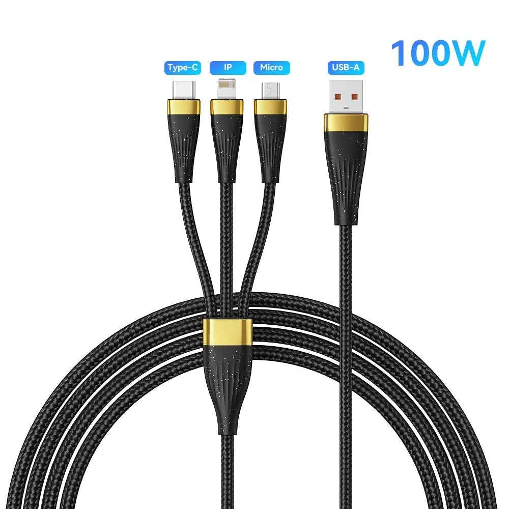 3-in-1 USB Charging Cable 100W 6A | USB-C Lightning Micro-USB Fast Charging for iPhone 14 Samsung Xiaomi