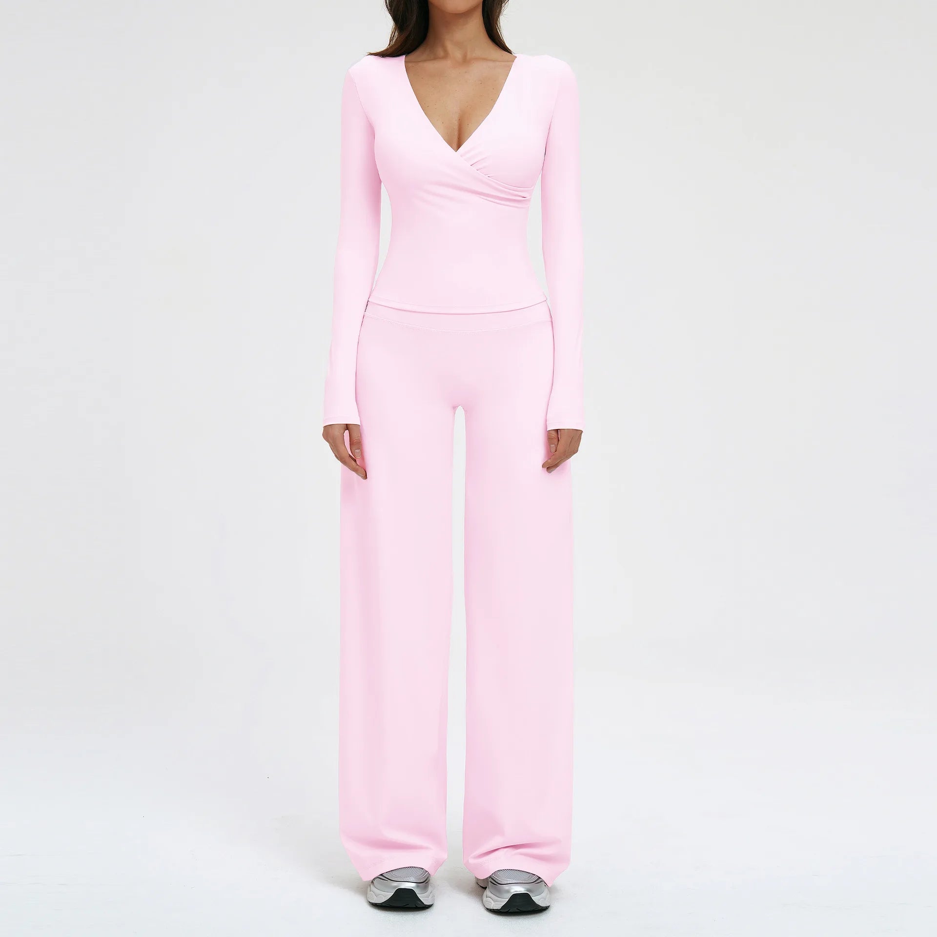 Women's 2-Piece Deep V Yoga Set | High Waist Flared Pants & Sports Bra Gym Fitness Tracksuit