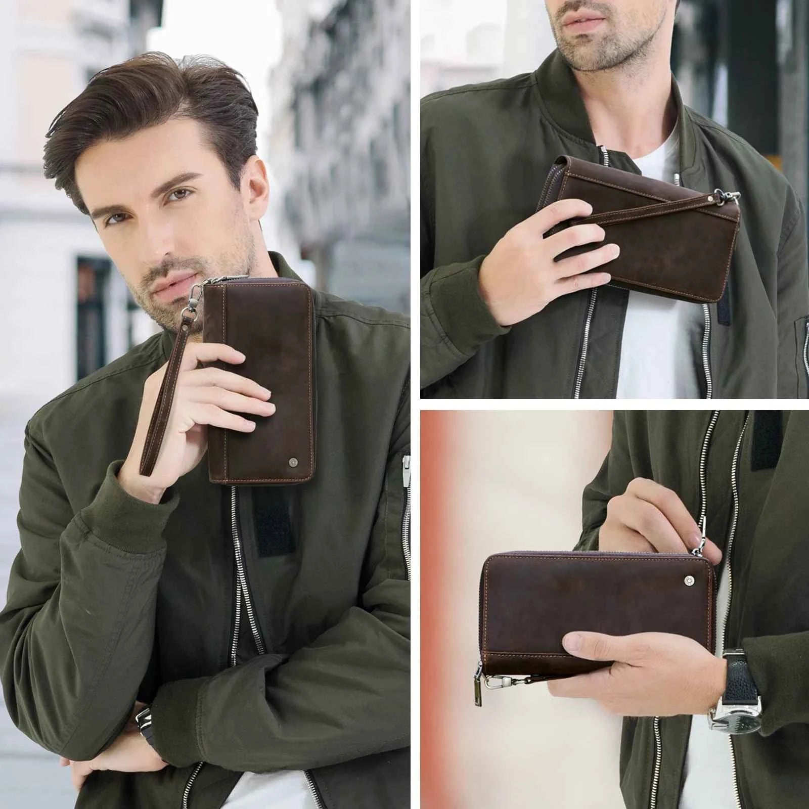 Genuine Leather Long Wallet Clutch with Double Zipper & Card Holders