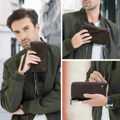 Genuine Leather Long Wallet Clutch with Double Zipper & Card Holders