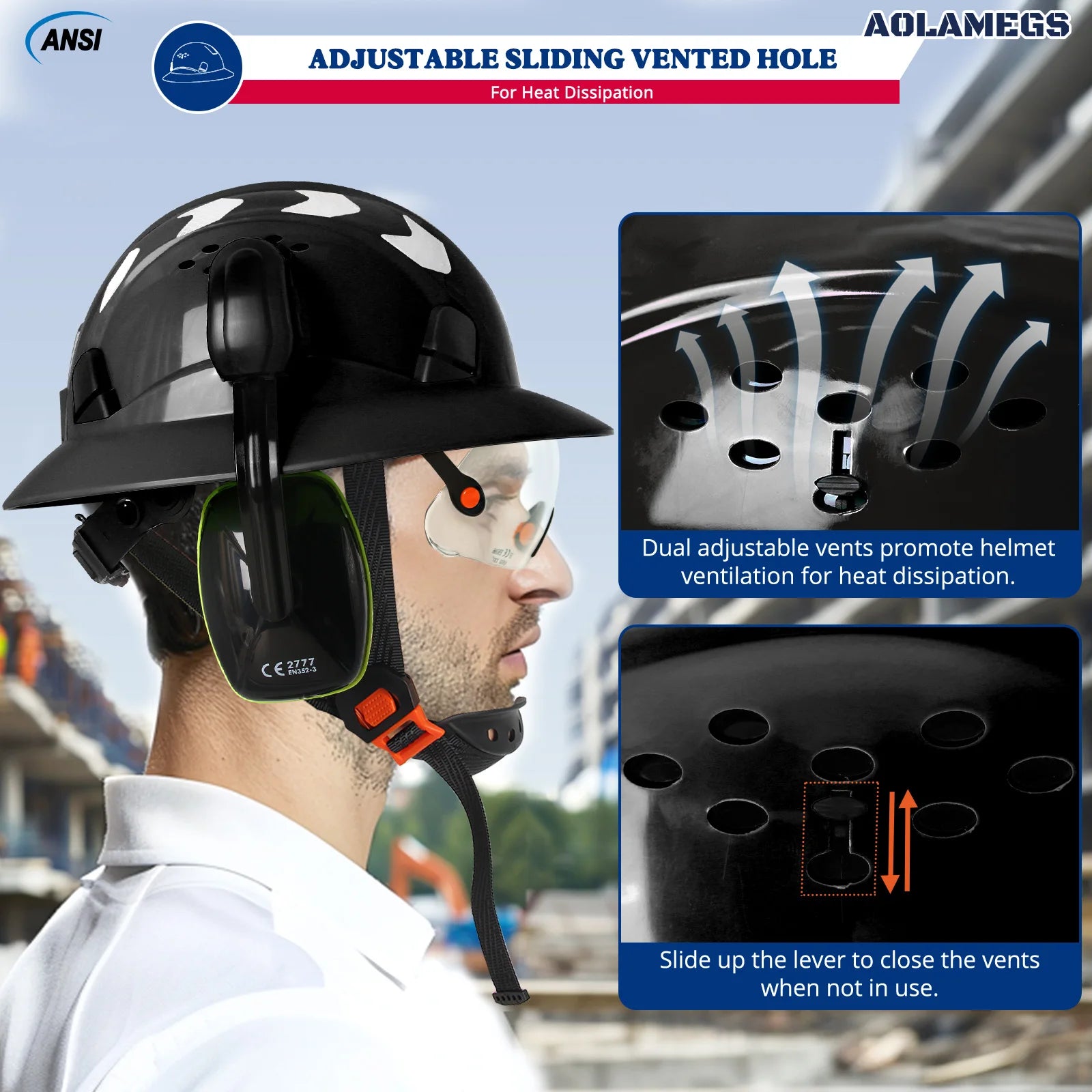 Full brim construction safety helmet with goggles, earmuffs and reflective stickers – image 5