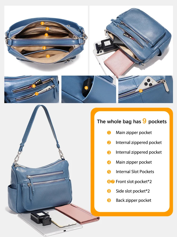 Cowhide Leather Multi-Pocket Crossbody Handbag – Fashion Shoulder & Commuter Shopper Bag for Women