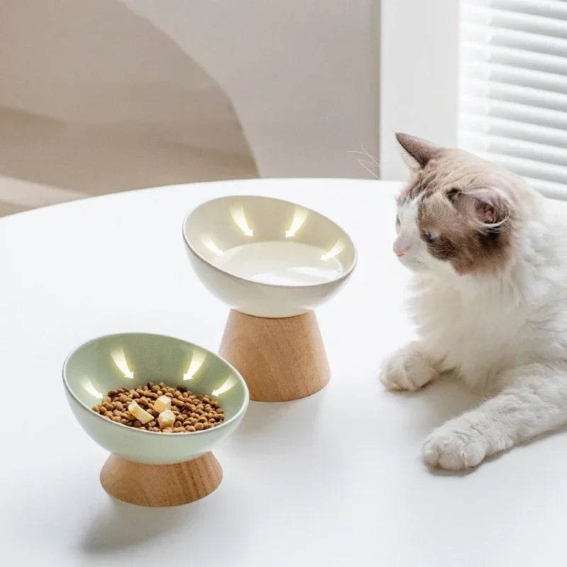 Cat Tilted Ceramic Bowl with Wooden Stand - SnaggIt