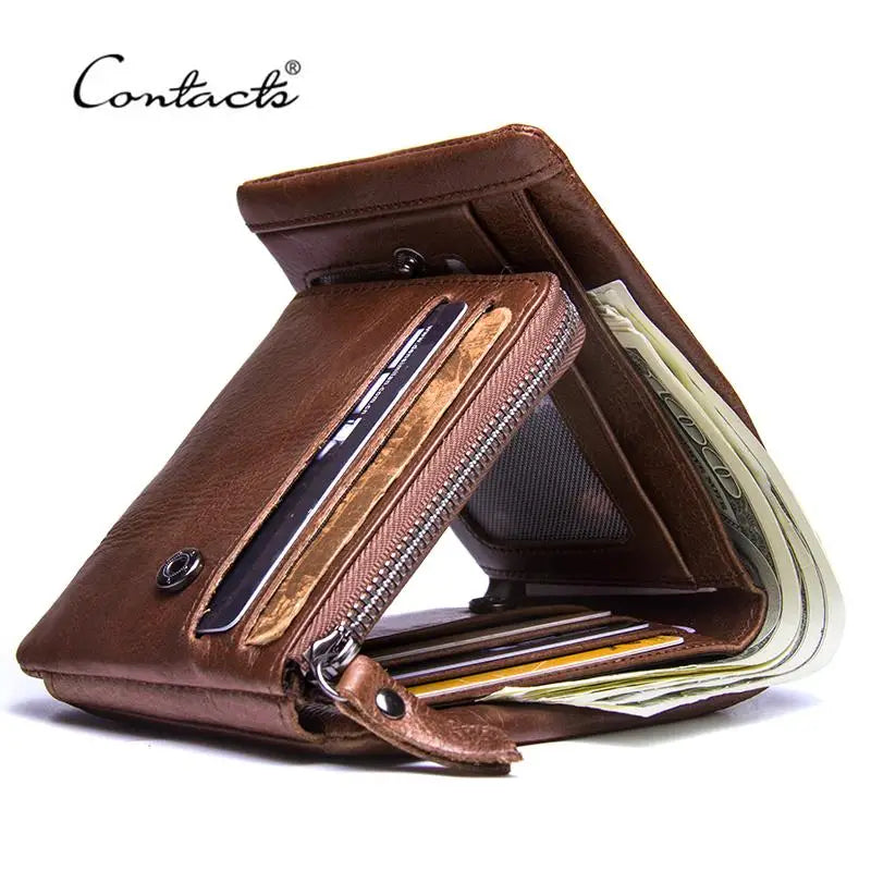 Crazy Horse Cowhide Leather Trifold Wallet with Zip Coin Pocket