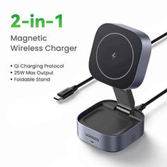 Qi2 15W 2-in-1 Magnetic Wireless Charging Stand | MagSafe Fast Charger for iPhone 16 17 AirPods