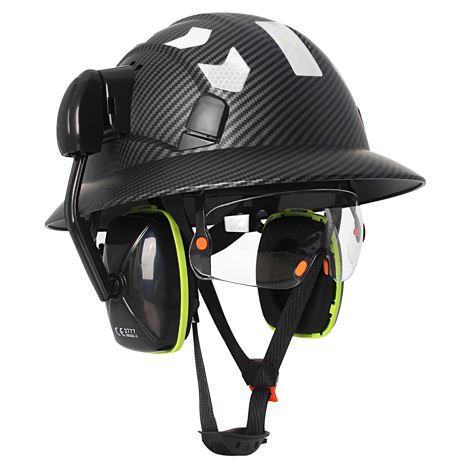 Full brim construction safety helmet with goggles, earmuffs and reflective stickers – image 11