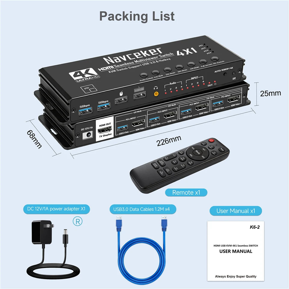 4K HDMI KVM Switch 4-in-1 Quad Multiviewer – USB 3.0, PIP, Seamless Switching, 4 PC Keyboard & Mouse Sharing