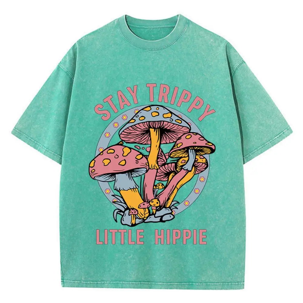 Stay Trippy Mushroom Print Cotton Washed T-Shirt – Women's Loose Vintage Streetwear Tee