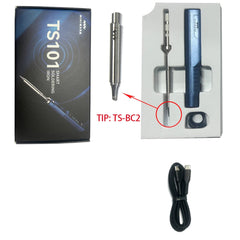 Smart soldering iron with packaging, cable, and user manual on a white background