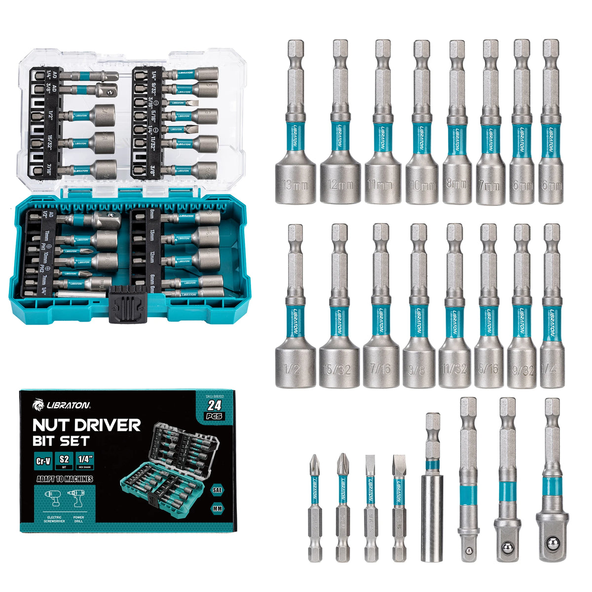 24PCS Magnetic Nut Driver Set 1/4" Hex Impact Drill Driver Bit Kit – Metric & SAE