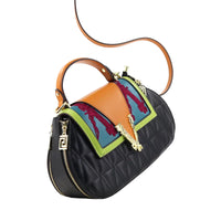 Black handbag with colorful accents on a white background